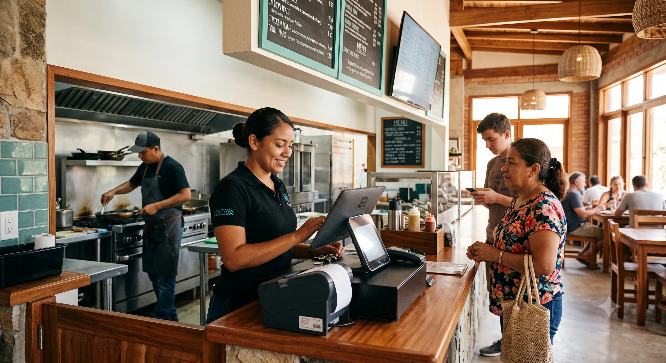 Cashier serving customers during a busy period at a Belizean café