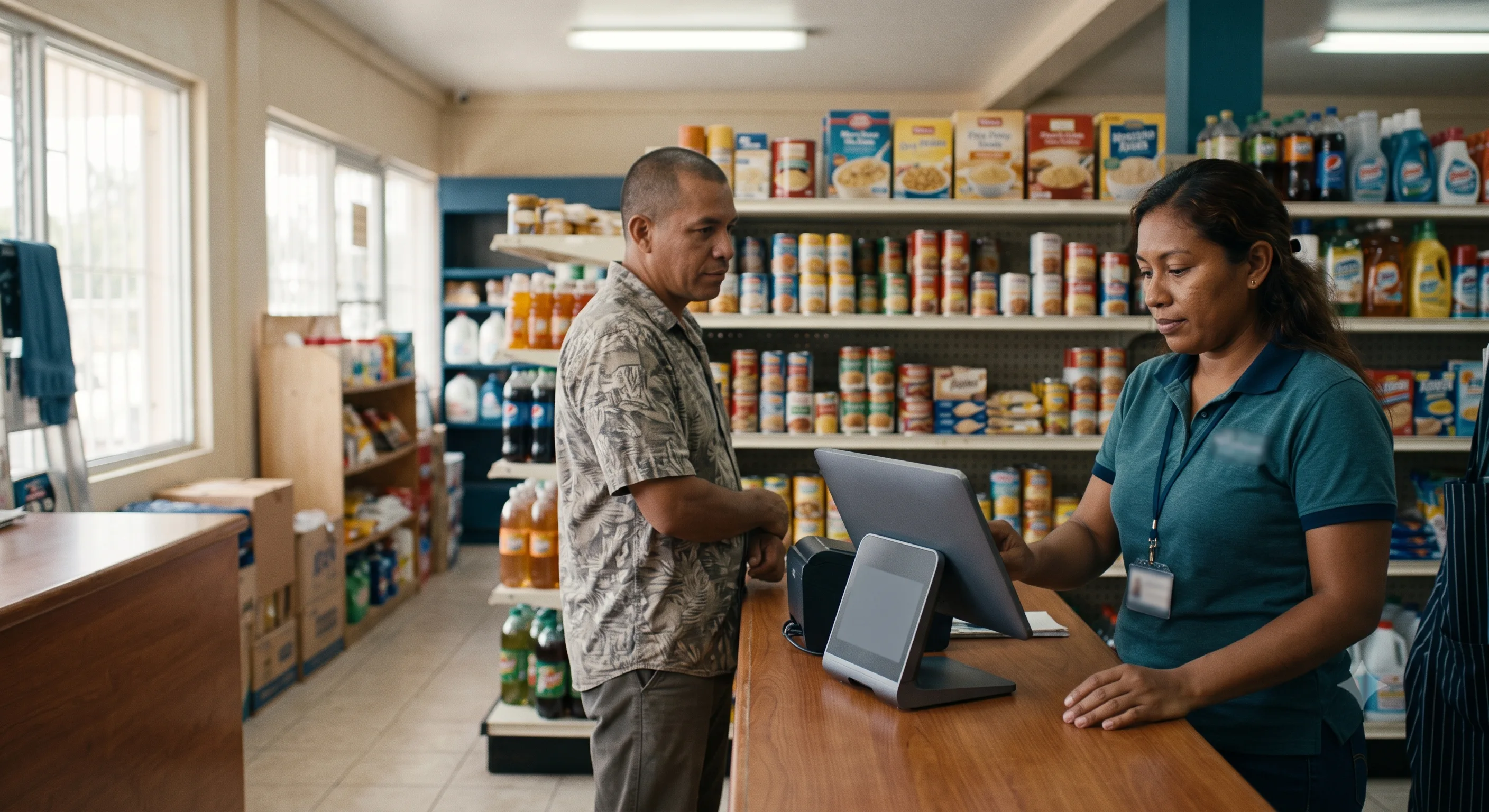Cashier completing a sale in a Belizean neighborhood store