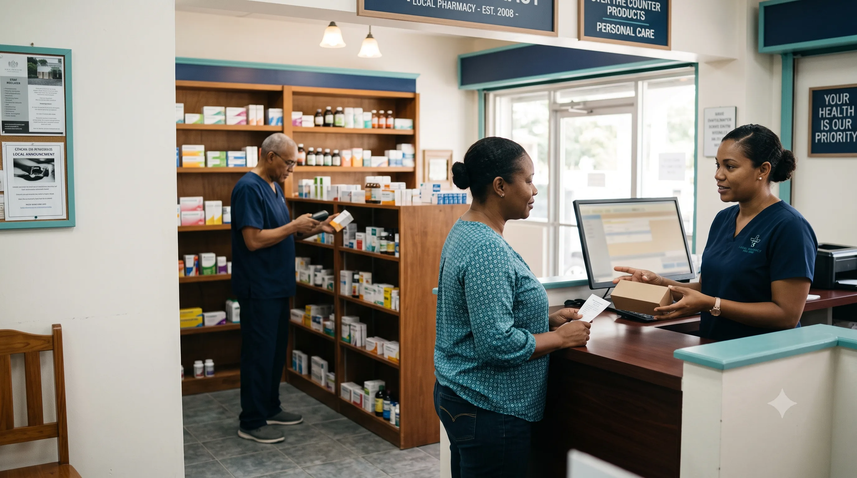 Pharmacy staff assisting a customer in an independent Belizean pharmacy