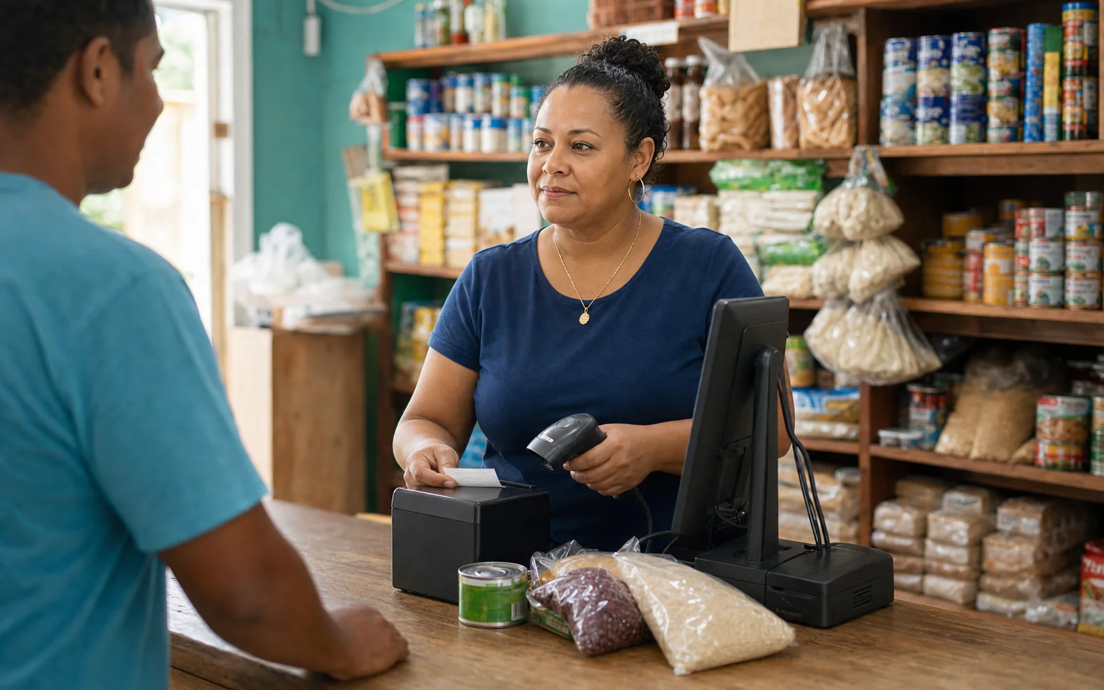 Belizean shopkeeper facing a customer while completing a sale, with only the back of the point-of-sale display visible