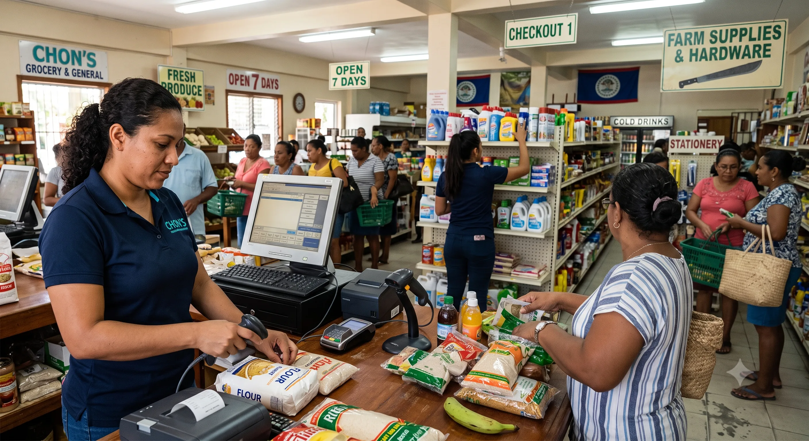 Cashier serving a customer at a busy Belizean neighborhood store