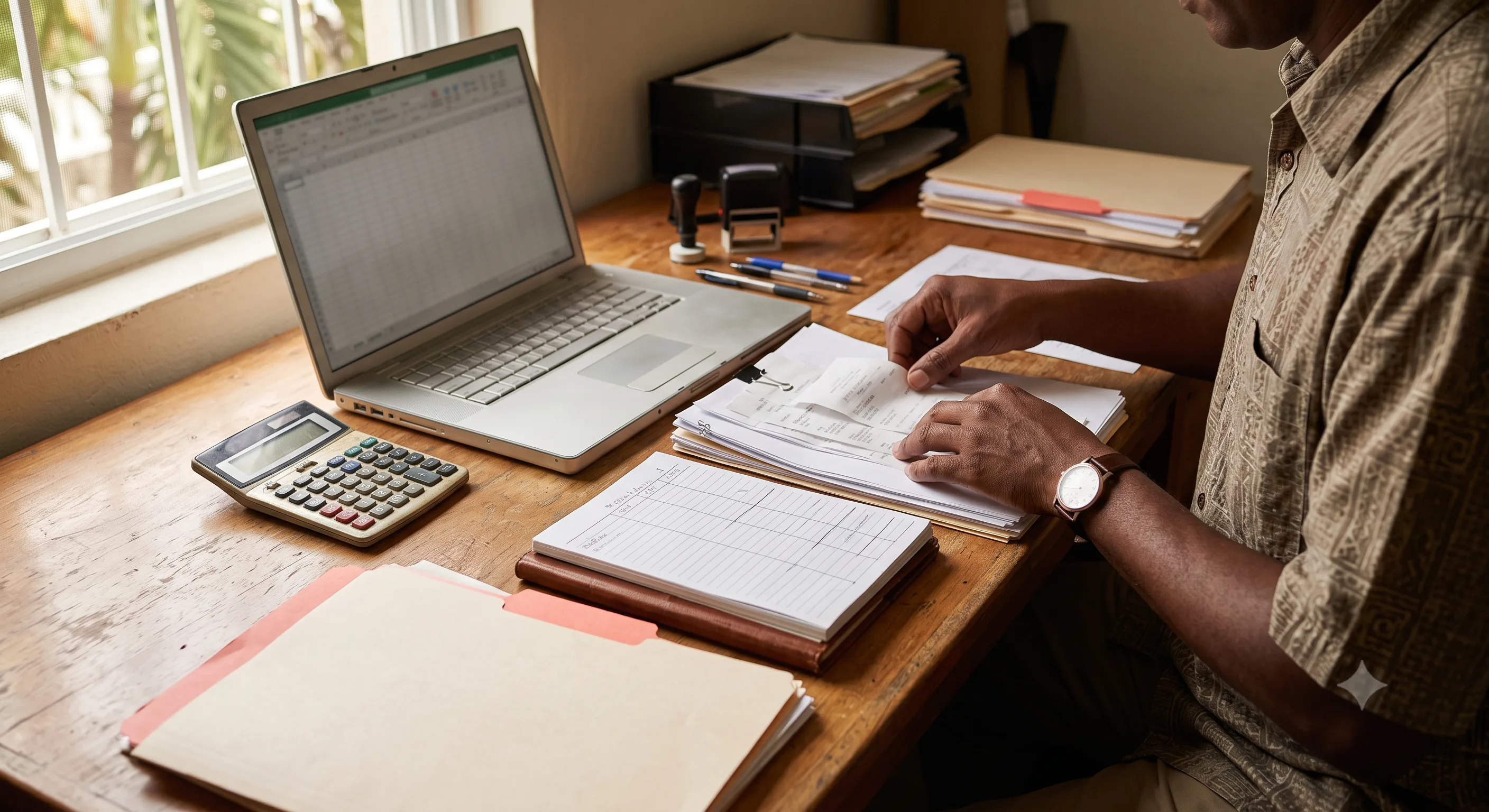 Business owner reconciling paper records, a calculator, and a spreadsheet