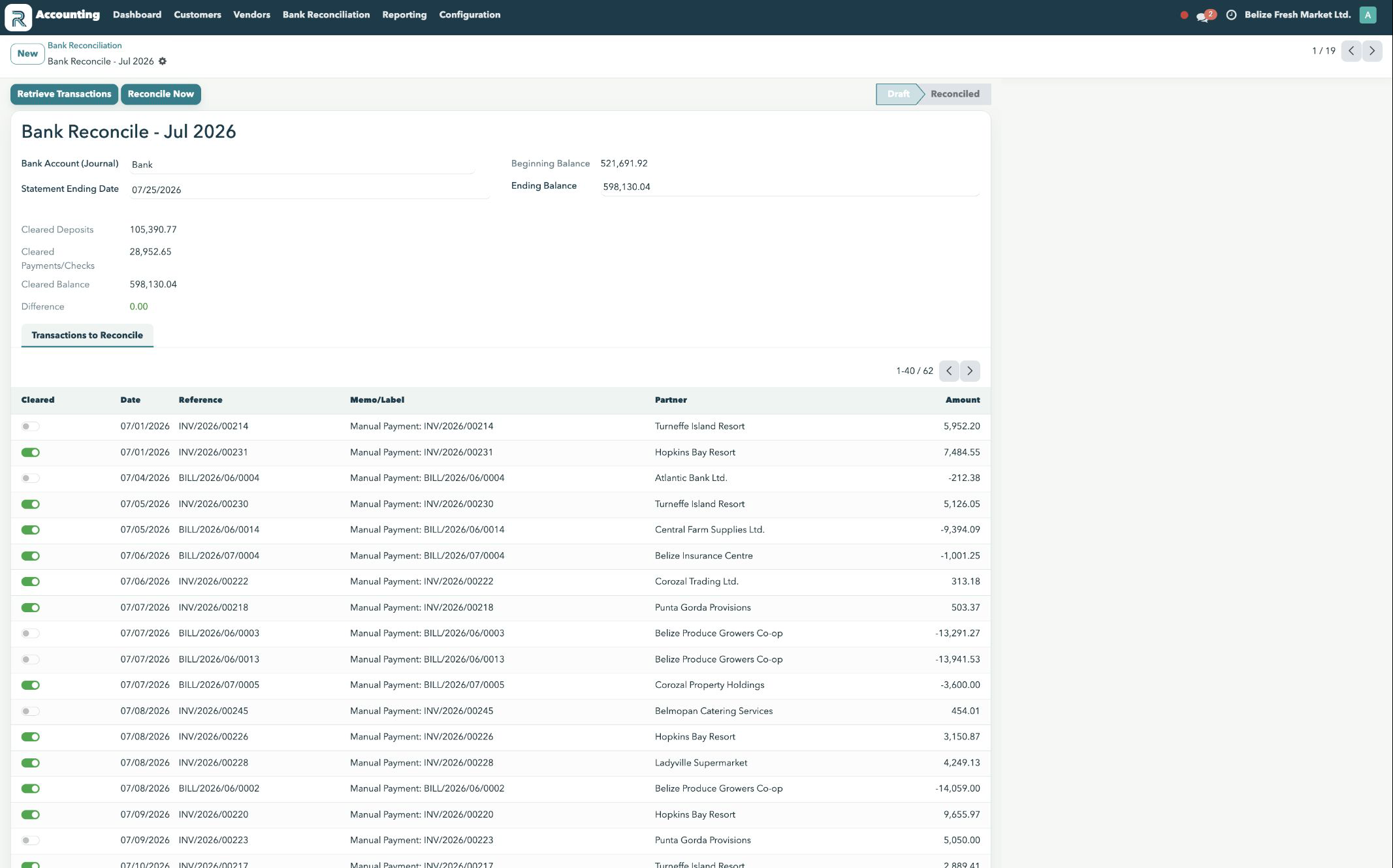 Reefway bank reconciliation workspace with transaction matching