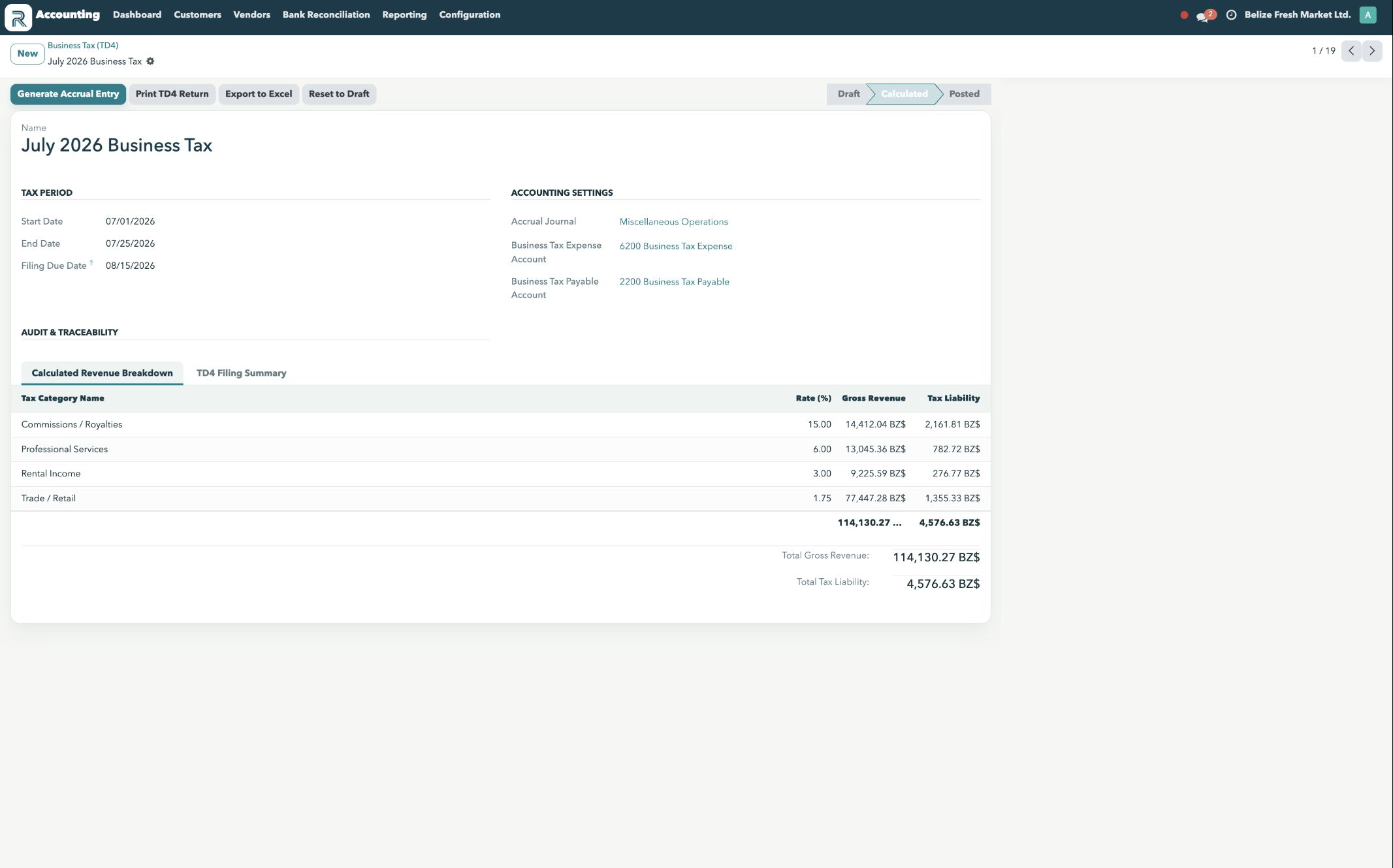 Reefway Belize Business Tax calculation grouped by configured revenue category and tax rate