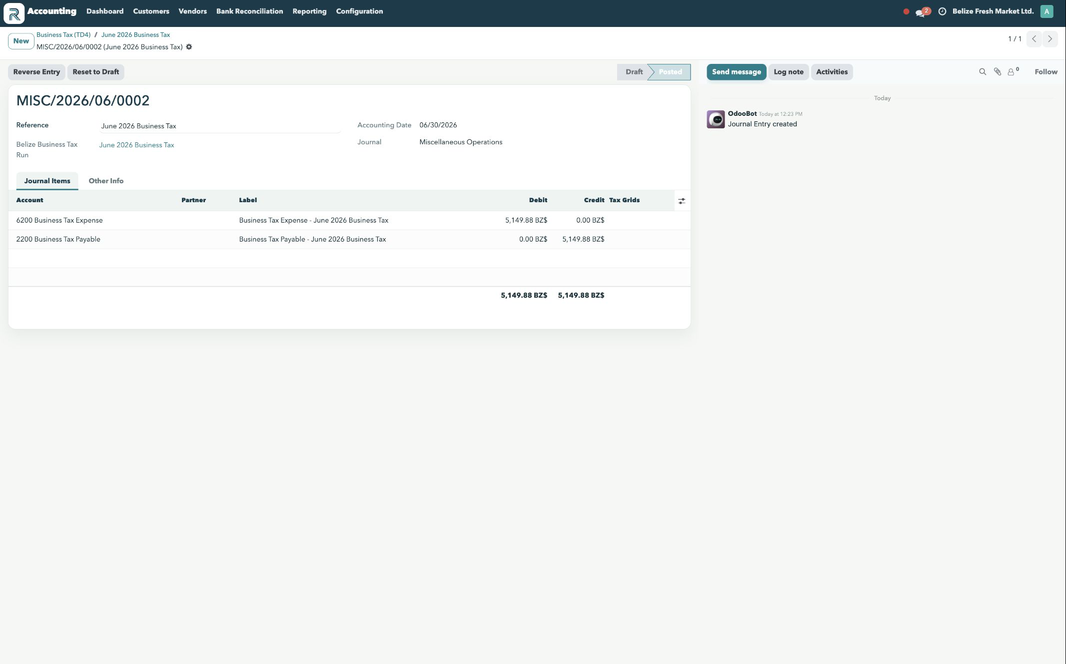 Posted Reefway Business Tax accrual entry with balanced expense and payable journal lines