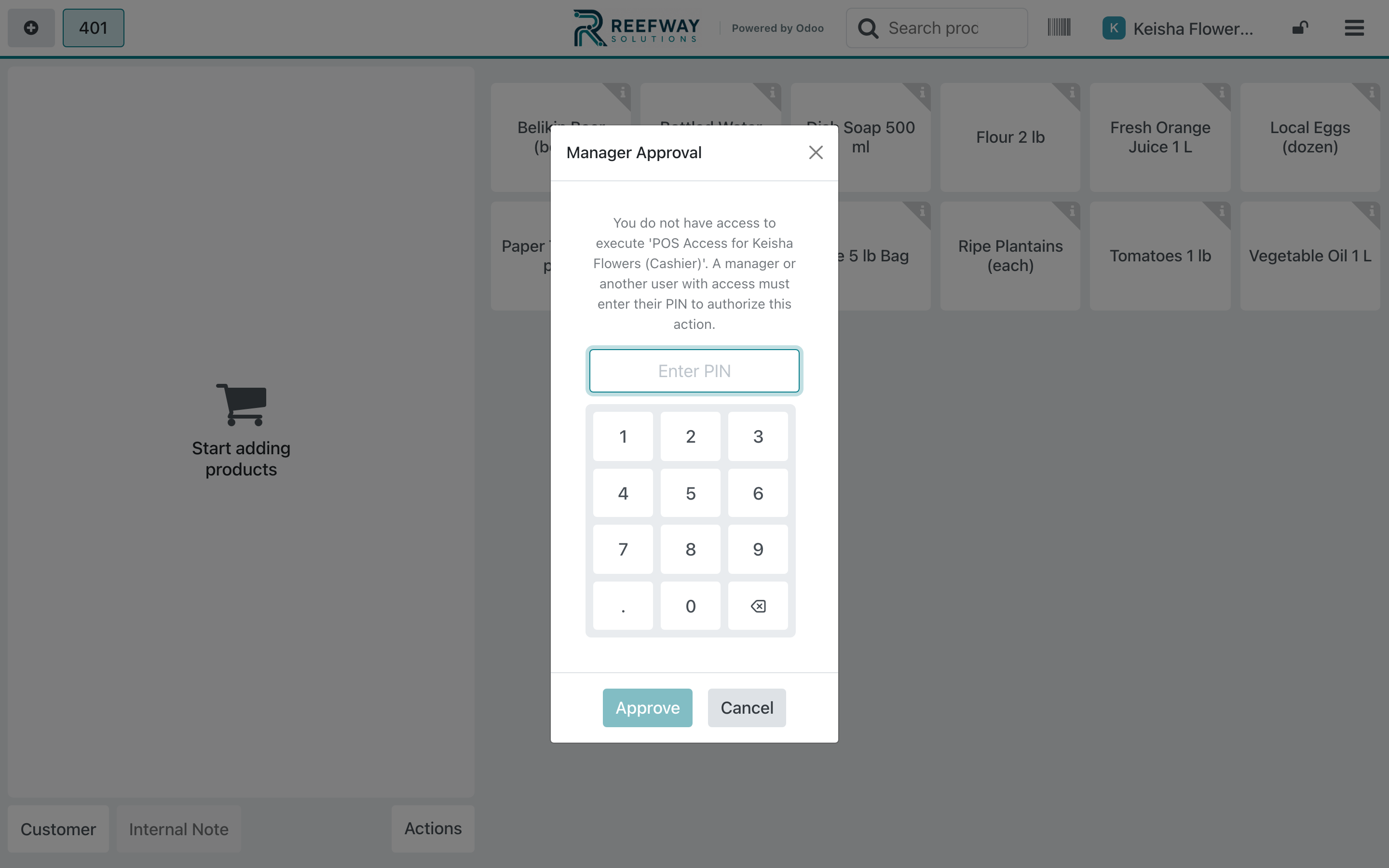Reefway point-of-sale manager approval prompt for a restricted action