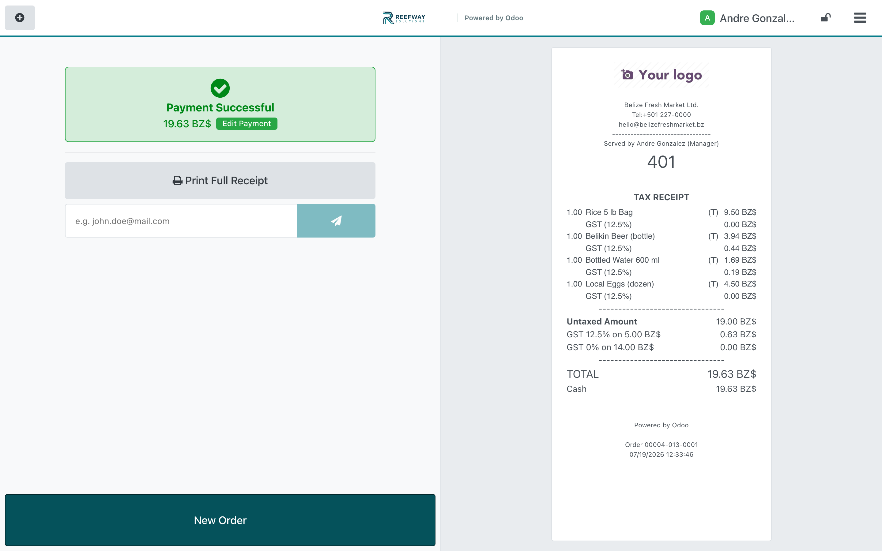 Reefway point-of-sale receipt showing Belize-dollar totals and GST
