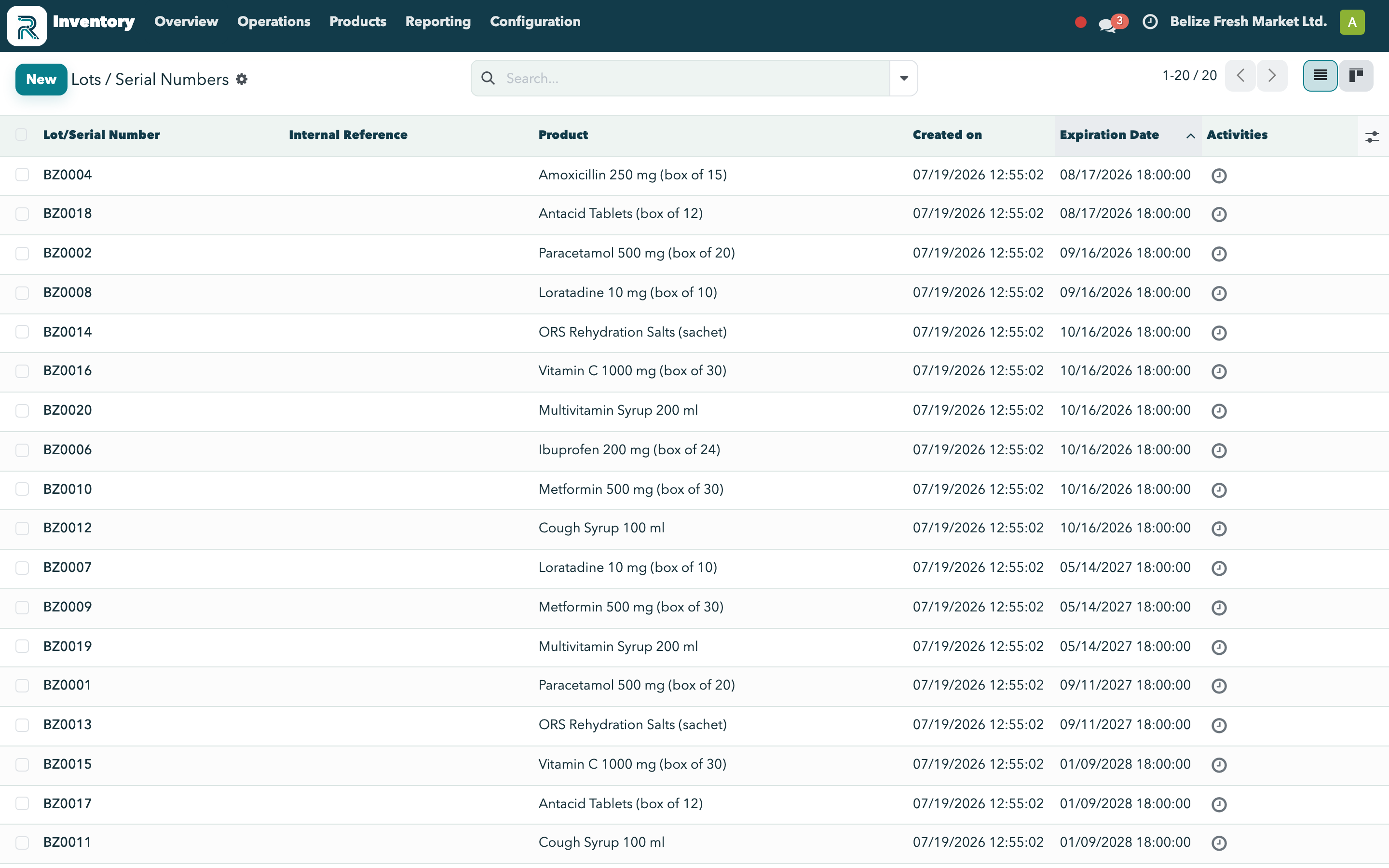 Reefway pharmacy lots list with expiration dates and near-expiry stock