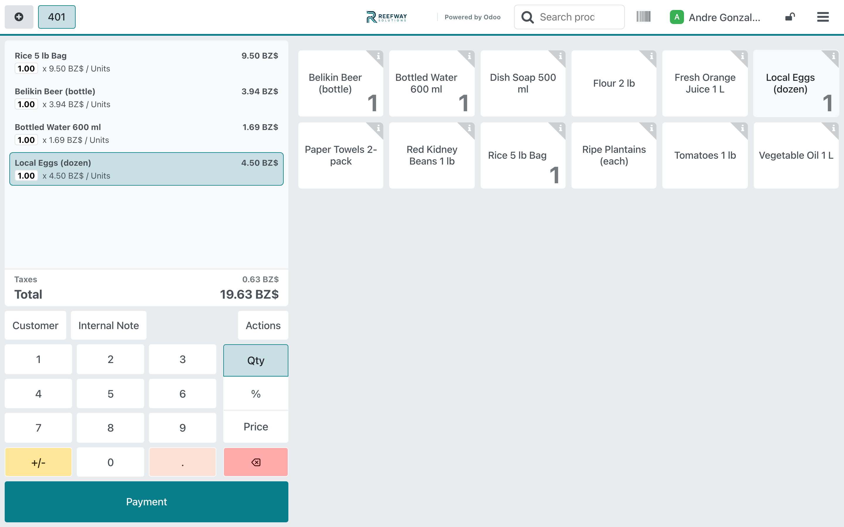 Reefway retail point-of-sale screen with a populated cart in Belize dollars
